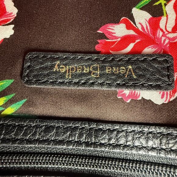 Vera Bradley Black Leather Crossbody Bag Patchwork Pebbled Suede Floral Lining - Picture 9 of 12